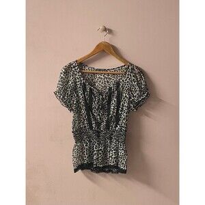 Blue Sketch Y2K Sheer Leopard Print Lace Trim Blouse Size S
